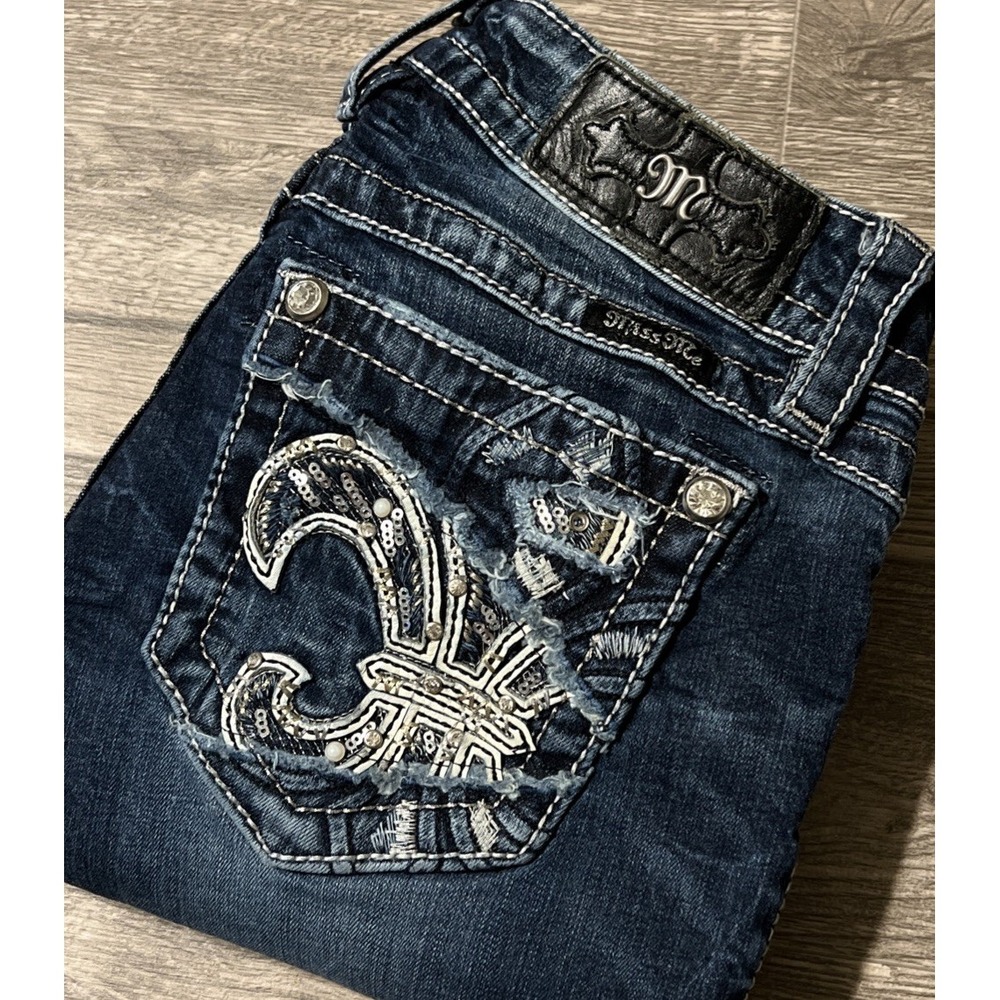 Miss Me Rhinestone Sequined Fleur De Lis LowRise Ankle Skinny Jean SZ 24 (25x27)